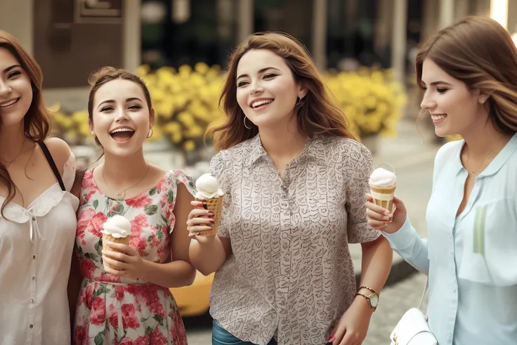 Three women stand together eating ice cream and smiling, comer sorvete - creme, comer sorvete, young women, meninas fofas, candid photograph, candid picture, comer bolos, candid shot, meninas jovens, promo ainda, imagem promocional do filme, Beautiful girl...