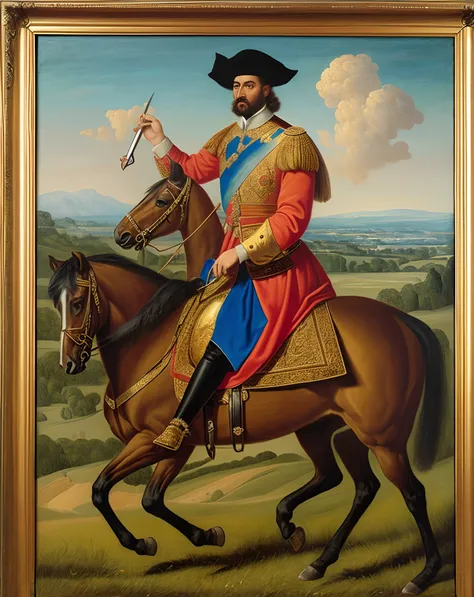 Make a classic painting of a king riding a horse with a sword in his hands bringing out fire award winning painting