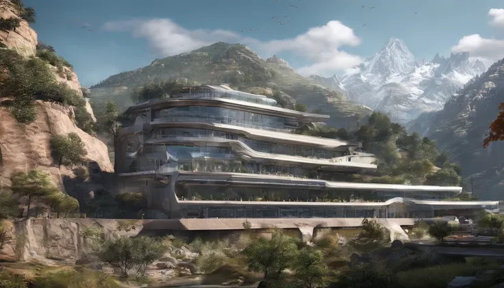 It is mainly landscaped by mountains and rivers，There is only one modern building，The building is predominantly minimalist with a small number of cyberpunk elements