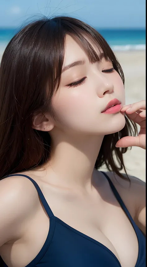 masutepiece, Best Quality, Illustration, Ultra-detailed, finely detail, hight resolution, 8K Wallpaper, Perfect dynamic composition, Beautiful detailed eyes, Swimsuit, Natural Color Lip,Beach, Random and cute poses, Kissing face,Close your eyes,Kiss the vi...