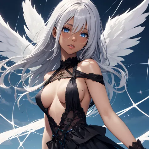 Dark skin, (Blue eyes), (angel wings), (silver hair), medium boobs, spider web, spider web, black robe, black dress