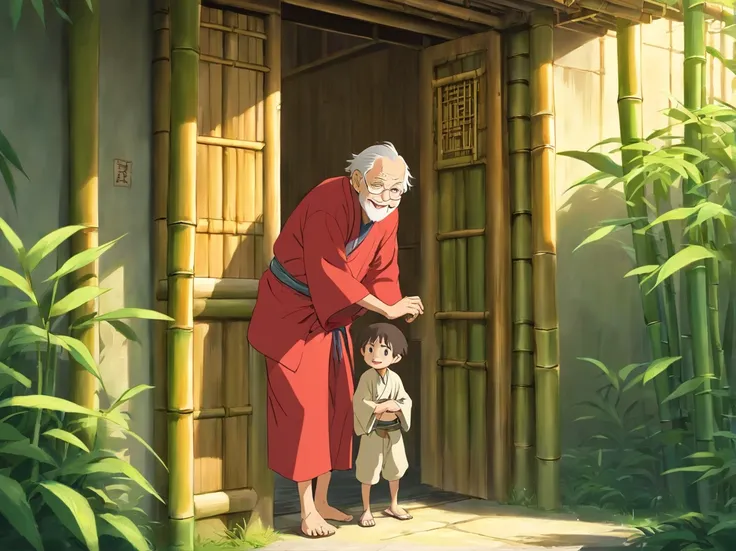 15-year-old boy wearing red Zhuang costume。Carry a bag。Stand in front of the bamboo building。Stand and talk with an old man（Image of the old man：Thin and shriveled，Has a long beard，ssmile。Wearing brown Zhuang clothes）。The old man stretched out his left han...