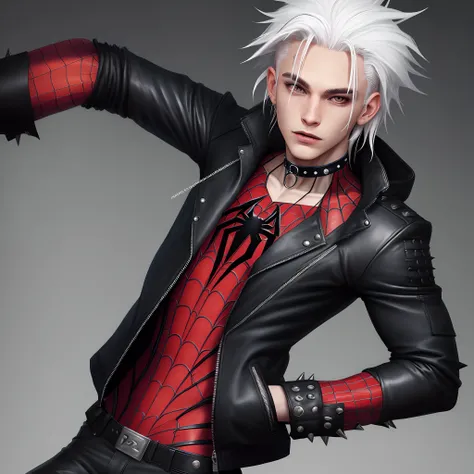 Punk spiderman with white hair, dark roots, black tips on the ends of hair wearing a spiked jacket and choker