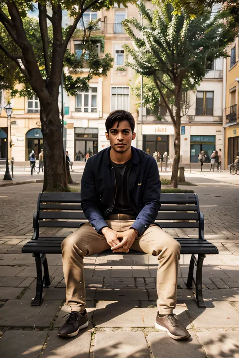 Man sitting on a bench in a square, Luz da tarde, clear sky