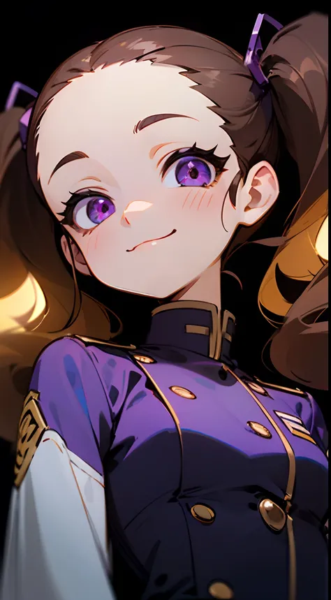 { forehead },wavy hair,long twintails hair, dark brown hair,a very cute and beautiful chibi anime girl, close up, highly detailed face and eyes, clearly outlined, solo,light purple eye,Masterpiece,{ chibi }, forehead, smirk, from below,light purple regulat...