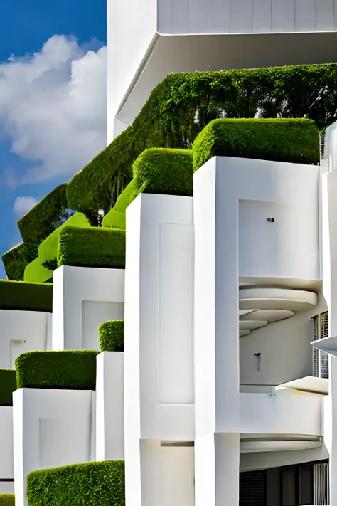 Monumental luxury condominium, Wall of white concrete buildings. em baixo, um mangue, e em volta morros verdejantes