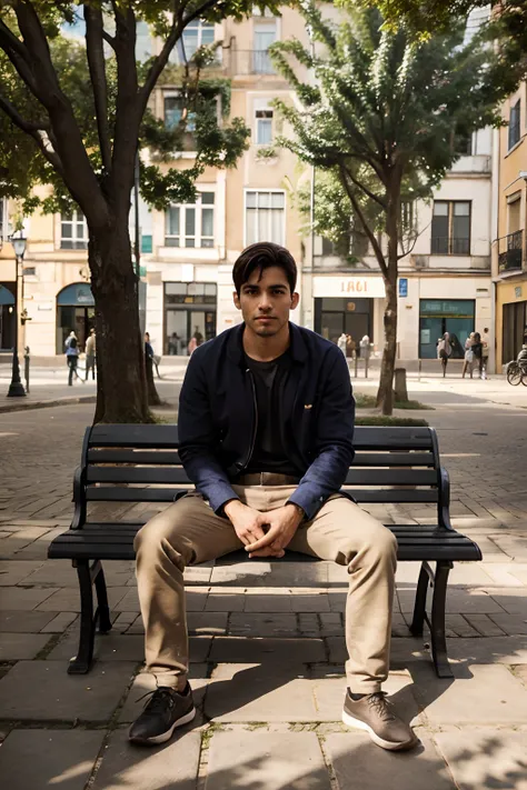 Man sitting on a bench in a square, Luz da tarde, clear sky