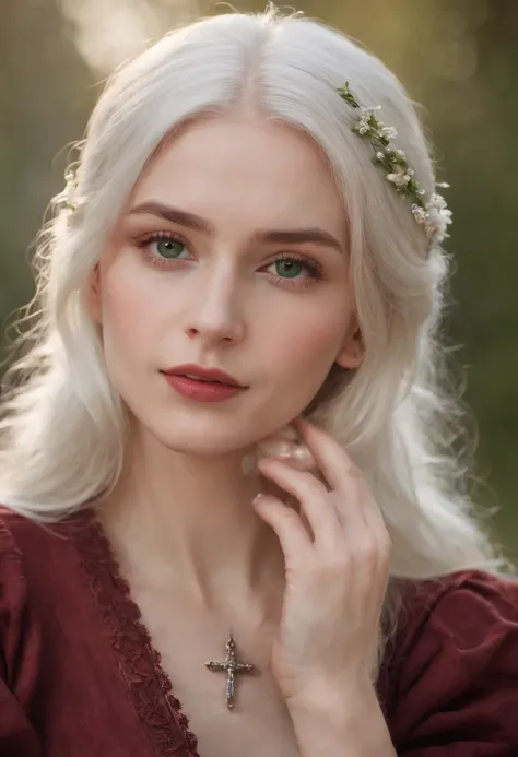 (((a deep reddish wound crosses her left cheek))) fair complexion, woman around 19 years old, natural white hair, distinctive green eyes, wearing kohl, slender and graceful, beautiful, candlelight in a medieval setting, ultra sharp focus, realistic shot, m...