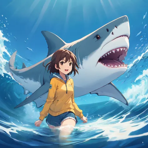 Great white shark，Cartoony，bit girl