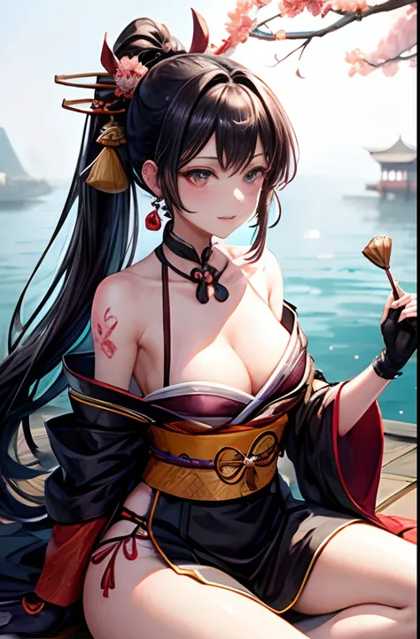 ​masterpiece、best、Hi-Res、1 female、A dark-haired、Medium Hair、Asymmetrical hair、Floating hair、blindfolds、High Ponytail、side locks、hair adornments、Fish hair ornament、tassels、Kanzashi、bangss、light blue  eyes、Beginning、ssmile, tusk, Only the upper teeth, a chok...