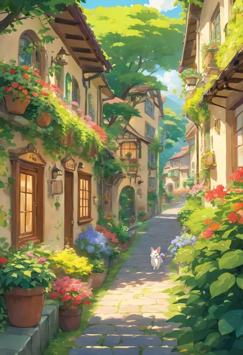 (best quality,4k,8k,highres,masterpiece:1.2),ultra-detailed,(realistic,photorealistic,photo-realistic:1.37),lush greenery,flourishing flowers and plants,serene atmosphere,dreamy color palette,Ghibli-inspired scenery,peaceful neighborhood,cozy houses surrou...