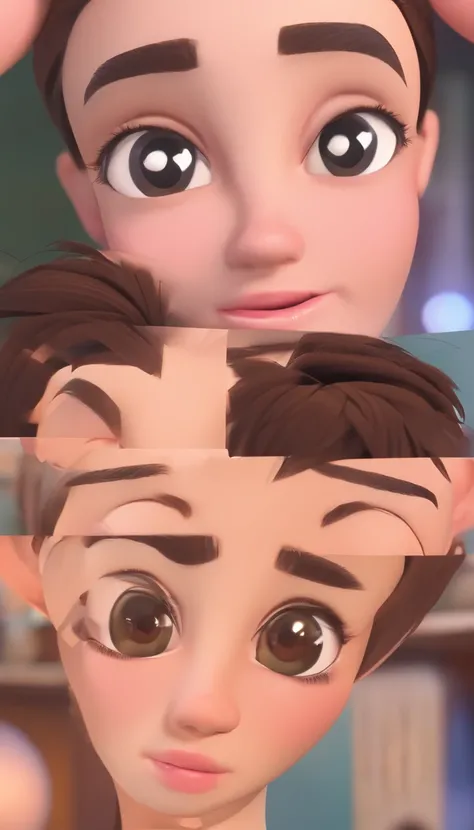 brown skin, short hair, gradient hair, dark brown hair, medium eyes, brown eyes, big eyelashes, mole on the eyebrow, thin nose, small mouth, pink mouth, weak beard, small mustache, small goatee, disney pixar style.