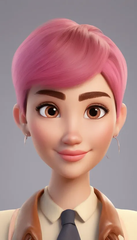 brown skin, short hair, gradient hair, dark brown hair, medium eyes, brown eyes, big eyelashes, mole on the eyebrow, thin nose, small mouth, pink mouth, weak beard, small mustache, small goatee, disney pixar style.