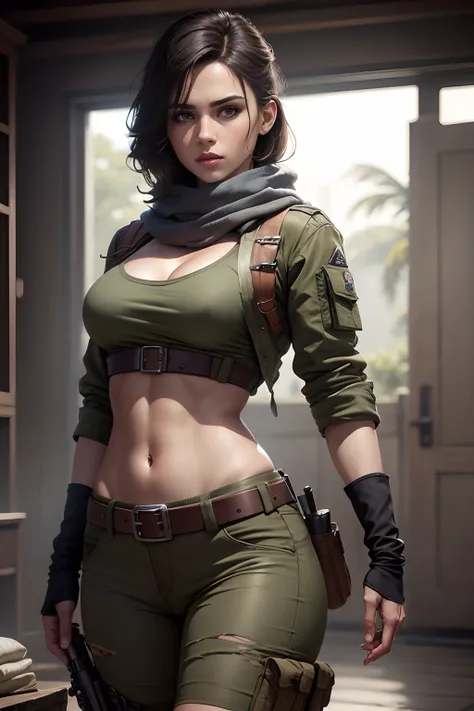 obra maestra , RAW camera , Calidad ultra , volumetric illumination, HDR, Maximum resolution, Preciosa , estilo  militar , Estilo de ropa del juego Call of Duty , Generic in-game character ,  Camuflaje y atuendo sexy , Mujer musculosa con caderas enormes ,...