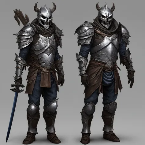 A dark bipedal creature wearing armor plates, has 2 swords, blue flame head, human skull head