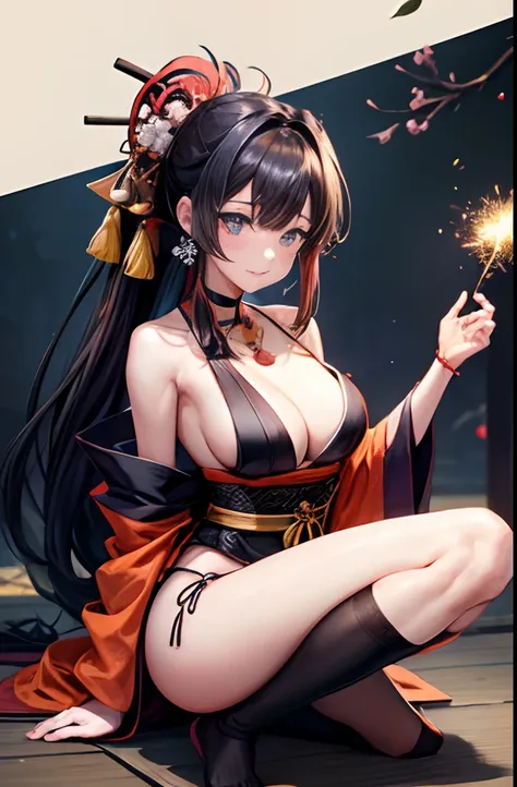 ​masterpiece、best、Hi-Res、1 female、A dark-haired、Medium Hair、Asymmetrical hair、Floating hair、blindfolds、High Ponytail、side locks、hair adornments、Fish hair ornament、tassels、Kanzashi、bangss、light blue  eyes、Beginning、ssmile, tusk, Only the upper teeth, a chok...