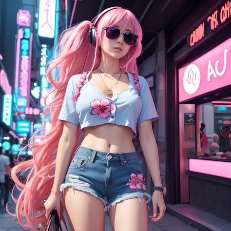 Masterpiece, best quality, (very detailed CG unity 8k wallpaper) (best quality), (best illustration), (best shadows), single female, full body, long pink hair, anime, large breasts, short sleeve button up hawaiian shirt with flowers, jean shorts, cyberpunk...