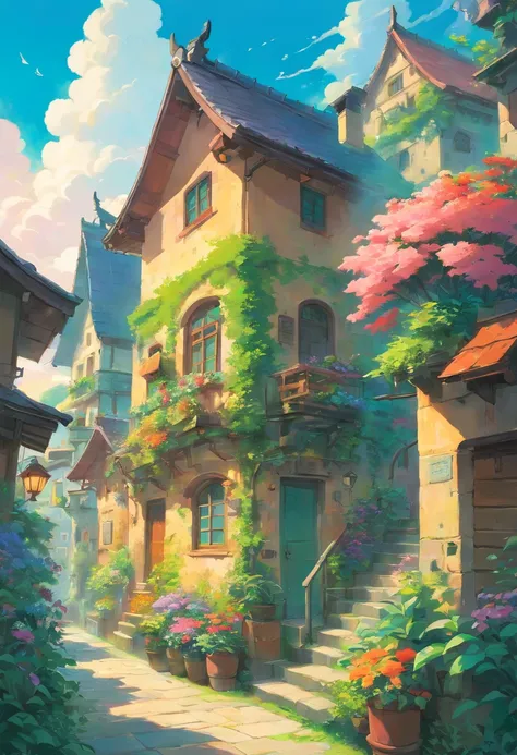 (super detailed,Ghibli-like colors,vibrant flowers and plants,towering over the houses,oil painting texture,dreamlike atmosphere,ethereal lighting)