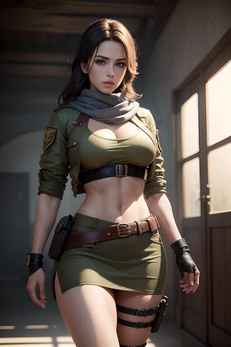 obra maestra , RAW camera , Calidad ultra , volumetric illumination, HDR, Maximum resolution, Preciosa , estilo  militar , Estilo de ropa del juego Call of Duty , Generic in-game character ,  Camuflaje y atuendo sexy , Mujer musculosa con caderas enormes ,...