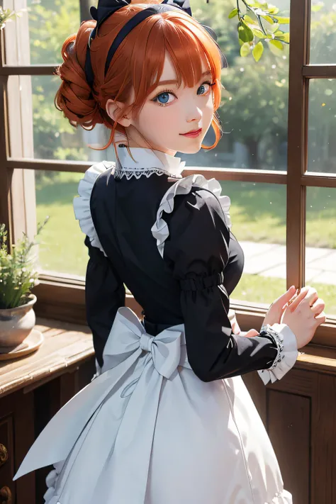 masutepiece,Best Quality,Anime,(2D:1.2),Indoors, ,  1girl in, Roswaal Mansion Maid Uniform, Solo, maid, Cyan blue eyes, Short hair,bow hairband, hair between eye, Detached sleeves, Looking at Viewer, red hairband,bow ribbon, Bangs, Looking back, Bow, Orang...