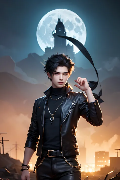 (((1 young man 21 years old))), anime character with short hair, small ponytail at neck, black hair, deserted background, ((large moon)), handsome man in demon slayer art, epic fantasy art style, badass anime 8k, epic fantasy digital art style, detailed di...