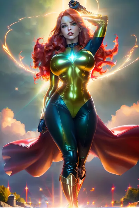 ((Jean grey from marvel comics series)) ((beautiful face)) (red lipstick) ((big bright eyes)) ((long redhead messy hairstyle)) ((very huge breasts)) (perfect slim body) ((wears green tight leather body duit)) ((choker, golden gloves and golden long boots))...