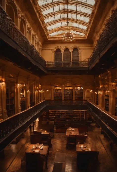 Inside a huge library, Warm colors, Sunset landscape