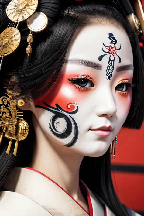 close up of face ,masutepiece, Best Quality, Ultra-detailed,((geisha)) ,cybernetics,Cybernetic components,line-drawing