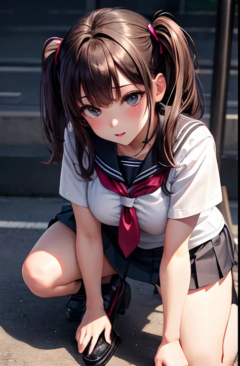 ​masterpiece,Top image quality,hight resolution,imagem 4k,Raw photo,Photorealsitic,{Solo},{{{}}},sex toy,,,, Insert into ,Mini skirt,Schoolgirl Uniform,Ahegao,all-fours,A dark-haired,hi-school girl,Brown eyes,A dark-haired,long,Twin-tailed,Brown loafers