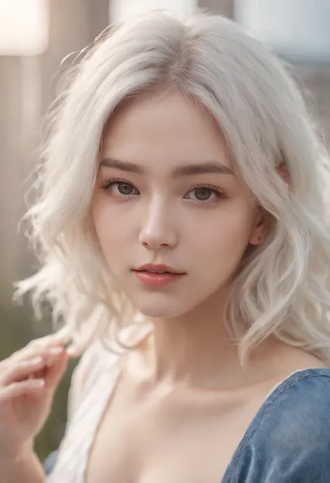 Realistic, high resolution, 1 girl, White wavy hair, Korean, Heterochromic eyes, Small moles under the eyes, Loose white shirt, tight denim shorts, Large breasts, Thighs, Panties are a masterpiece, Realism