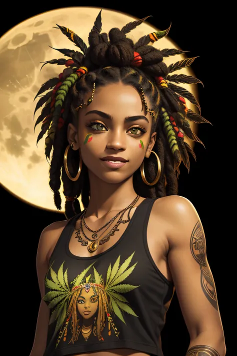 tank top art, golden eyes, 2D, ((weed background :1, 5)), vector, vivid colors, stoner girl  rasta outfit character, masterpiece, best quality, intricate details, perfect symmetrical face, smiling, realistic details, gothic theme, rim light, moonlight, cin...