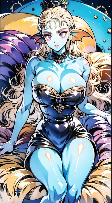 8K,high quality,anime,married woman,beautiful,beautiful,bright,eye highlights,purple eyes,sexy,super big tits,oversized boobs,dark blue nipples,erotic,beautiful line drawing. Blue skin, blue and orange gradient fins, nude, nothing on, nothing on, nothing o...