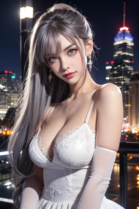 (Realistic painting style:0.9), masutepiece, Best Quality,  absurderes, Looking at Viewer, Solo, bronya zaychik (silverwing n-ex), bronya zaychik, Red pupils, 1girl in, Solo, breasts, Long hair, Dress, Grey Hair, cleavage, Looking at Viewer, Smile, Closed ...