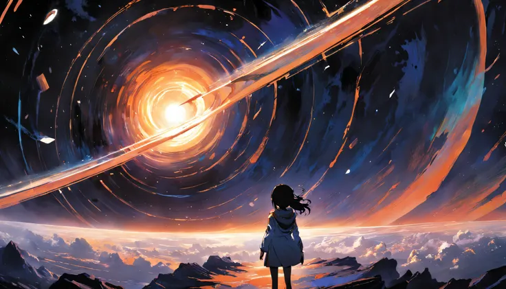 Visualize a daring space explorer approaching the edge of a black hole, Where time and space distort in a captivating way. Conveying an exhilarating yet dangerous journey into the unknown