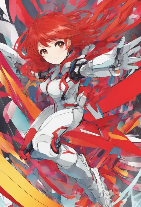 １girl with,Powered Suits,Red hair,vivd colour,flying though the air,