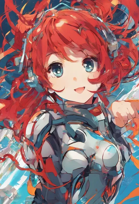 １girl with,Powered Suits,Red hair,vivd colour,flying though the air,