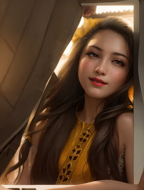 a close up of a woman wearing a yellow dress and a red lipstick, very very high quality picture, with accurate face, portait photo profile picture, profile pic, candid picture, photo taken in 2 0 2 0, around 1 9 years old, leaked image, selfie photo, profi...