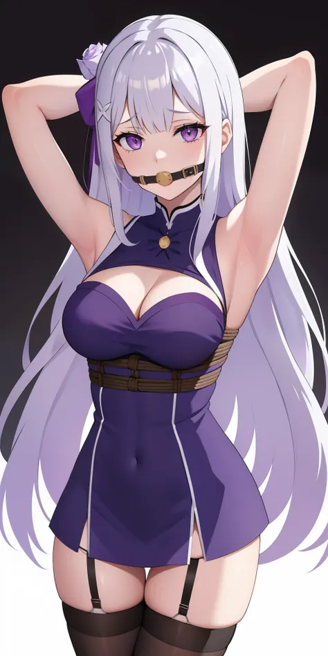 arms behind head, long_hair, looking_at_viewer, thighhighs, bow, bound, bdsm, bondage, rope, restrained, gag, shibari, bound_arms, ball_gag, shibari_over_clothes, Emilia re zero, white hair, purple eyes, x hair ornament, white rose in hair, sexy, medium br...