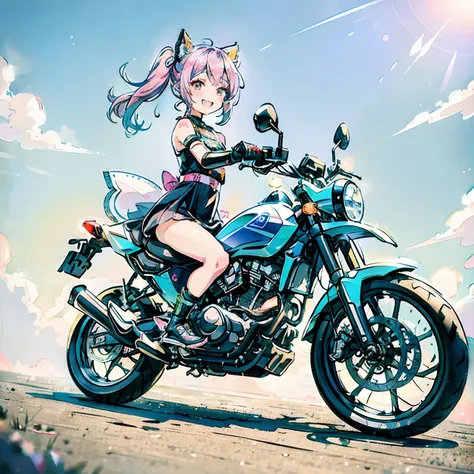 Colorful pastel world view、Girl on a motorcycle　Dress like an idol　1 motorcycle　Round eyes　kawaii faces　A smile　Twin-tailed　Angle shot from below　FULL BODYSHOT