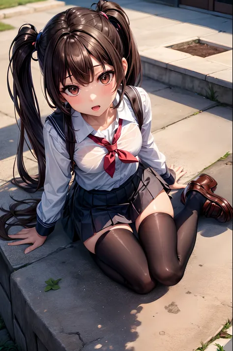 ​masterpiece,Top image quality,hight resolution,imagem 4k,Raw photo,Photorealsitic,{Solo},{{{}}},sex toy,,,, Insert into ,Mini skirt,Schoolgirl Uniform,Ahegao,all-fours,A dark-haired,hi-school girl,Brown eyes,A dark-haired,long,Twin-tailed,Brown loafers