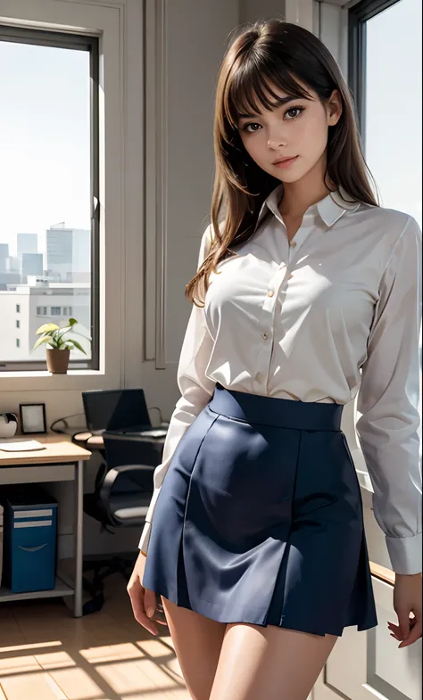 Highest quality, highest quality, masterpiece, solo, depth of field, delicate and moist skin girl, delicate and beautiful facial features, full-body lens, office work suit, suit skirt, very short skirt, tight skirt, knee on the floor, perfect figure, rando...