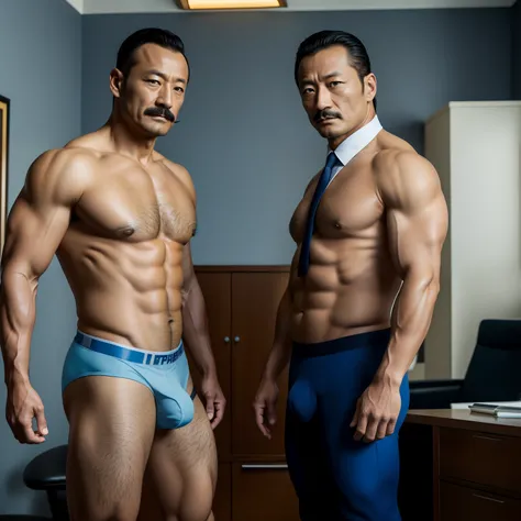 aged 40，Hidetoshi Nakata ，（Kogoro Mouri 1.3），Two muscular men together，Naked upper body，Thick body hair，Crotch contour，Wear light blue sexy briefs，with mustache，tmasterpiece，k hd，black long socks，the feet，Business suit