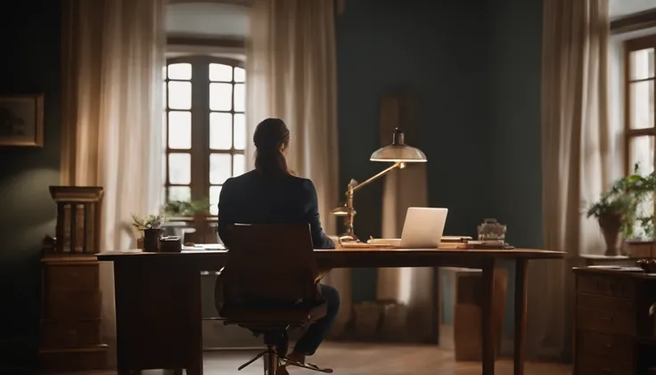 husband standing, in a room, girl sitting at desk with study desk