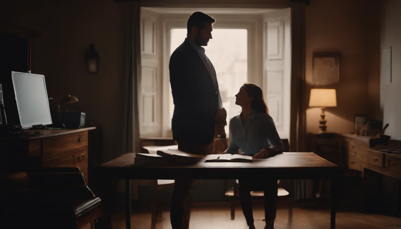 husband standing, in a room, girl sitting at desk with study desk