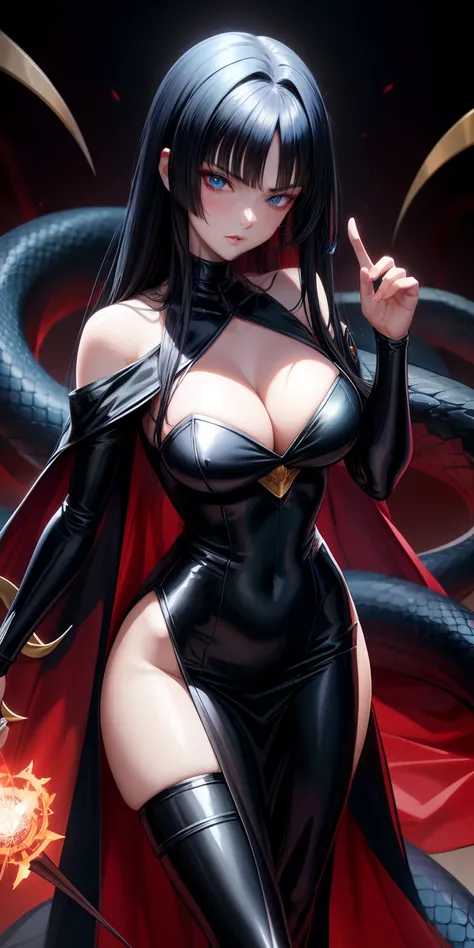 Anime woman with black hair and blue eyes in black dress,Snake face, black - haired mage, :14 80s anime style, evil sorcerer, anime style character, anime in fantasy style,Mysterious,Breakdown,