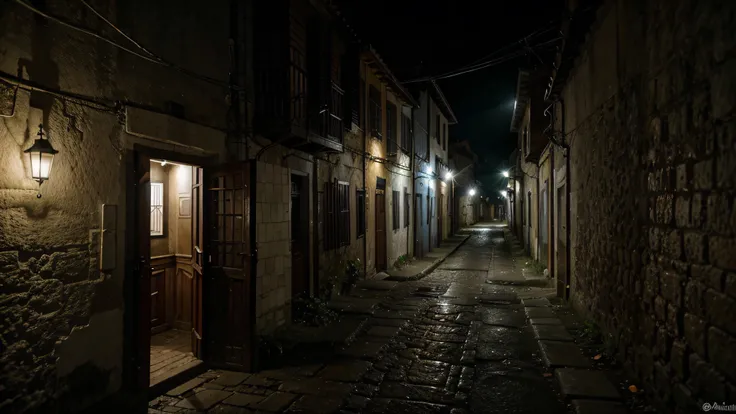 melhor qualidade, Igreja, Qualidade extrema, very realistic, Dark street with poor lighting, Casas, ambiente escuro, plantas, igreja