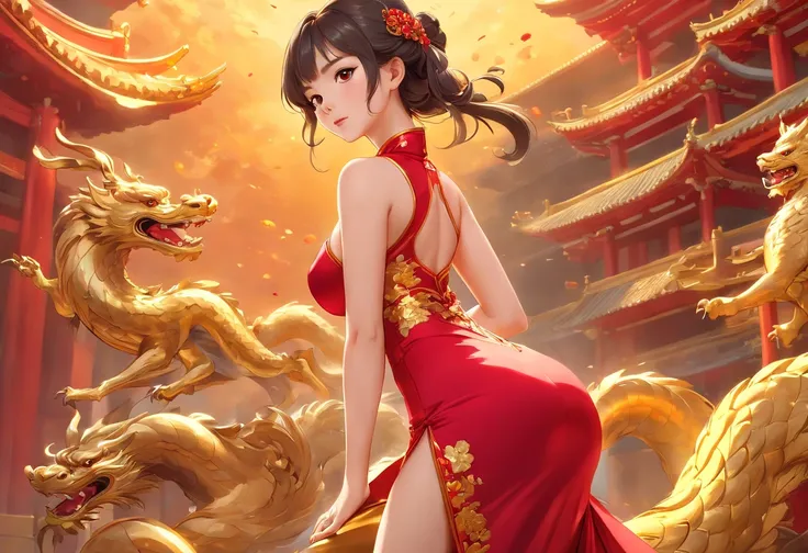 8k, Photorealistic, hyper detailed, Very detailed, Best quality, 4k hd, realistic portrait, a woman in a red and gold dress posing for a photo, Chinese goddess, Chinese dress, gorgeous Chinese model, Chinese women, beautiful Asian women, Asian women, Chine...