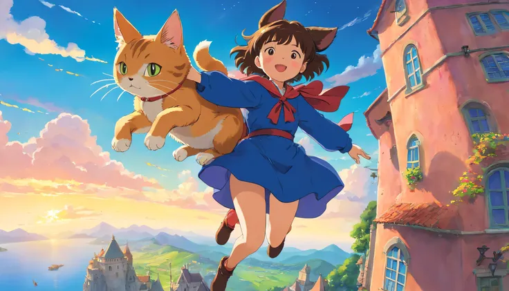 fantasy painting，Witchs Delivery Service,Girl Flying in the Sky,((Hugging a cute big fat cat))，Ghibli style,Career in Croatia