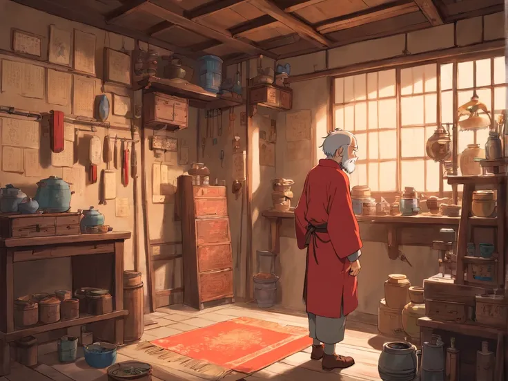 Indoors，Red Zhuang costume 15-year-old boy，Back Shadow，are standing，Look up at the drawings and tools on the wall（Boy image：Red clothes，Carry a bag，年轻）。The old man in brown Zhuang clothes stood next to the boy，Back Shadow，Back hands behind you（Image of the...