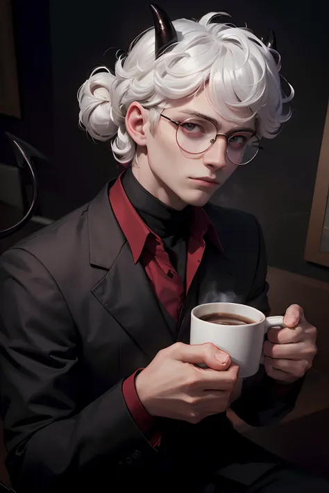 (masterpiece, best quality:1.2), solo, 1boy, htpandemonica, expressionless, looking at viewer, holding coffee mug, glasses, formal, suit, black jacket, red shirt, black pants,male, five fingers, demon tail, demon horns, poaches under eyes, white hair,